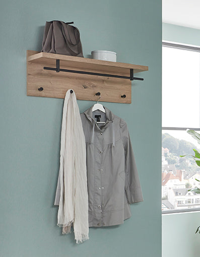 Wandgarderobe Eiche hell mit 4 Haken, Hutablage und Kleiderstange – Ansicht 4