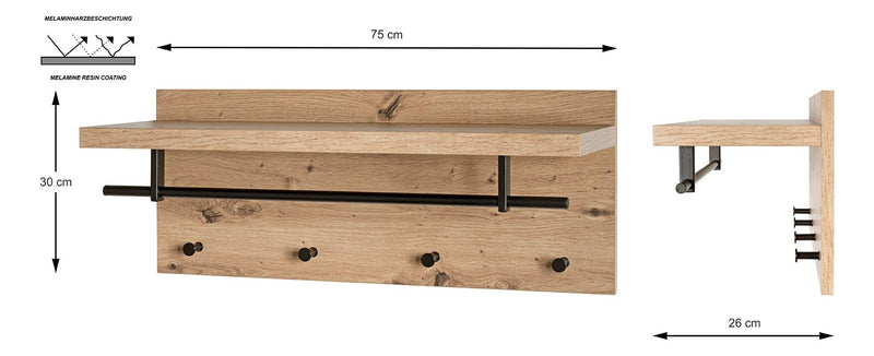 Wandgarderobe Eiche hell mit 4 Haken, Hutablage und Kleiderstange – Ansicht 8
