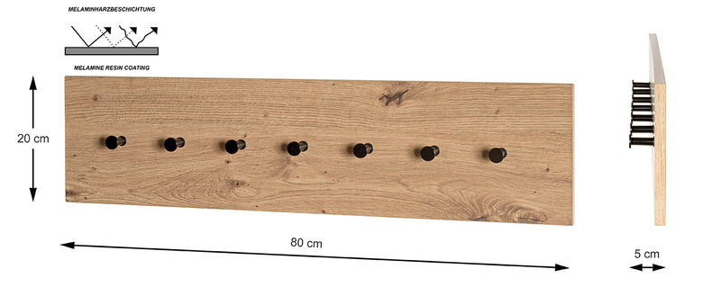Haku Wandgarderobe Eiche hell mit 7 Metallhaken in Schwarz, modern