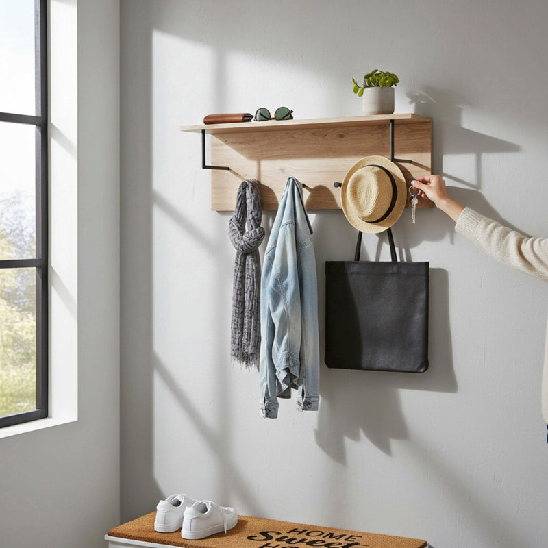 Wandgarderobe Eiche hell mit 4 Metallhaken schwarz und Hutablage – Ansicht 2