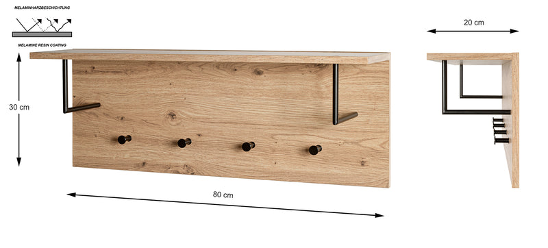 Wandgarderobe Eiche hell mit 4 Metallhaken schwarz und Hutablage – Ansicht 9