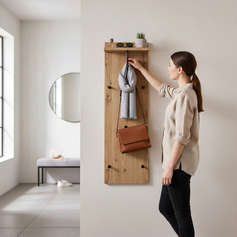 Wandgarderobe Eiche hell mit Kleiderstange und 5 Metallhaken – Ansicht 2