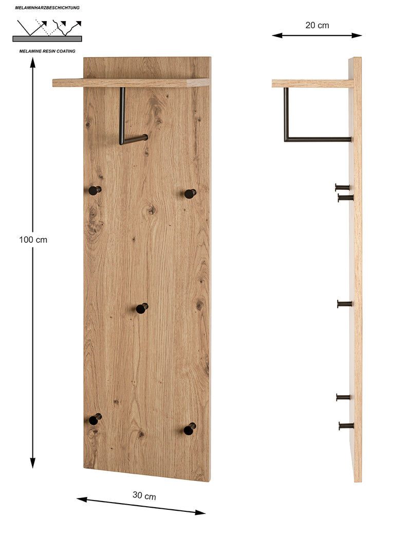 Wandgarderobe Eiche hell mit Kleiderstange und 5 Metallhaken – Ansicht 9