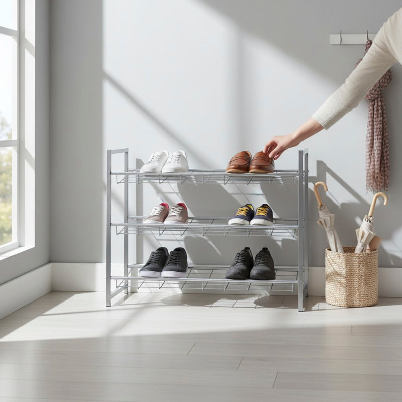 Schuhregal für 12 Paar Schuhe, 3 Ablagen, Stahlrohr alu – Ansicht 2