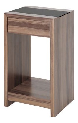 Beistelltisch Nussbaum mit Glasplatte, Schublade und Metallgriff – Ansicht 1