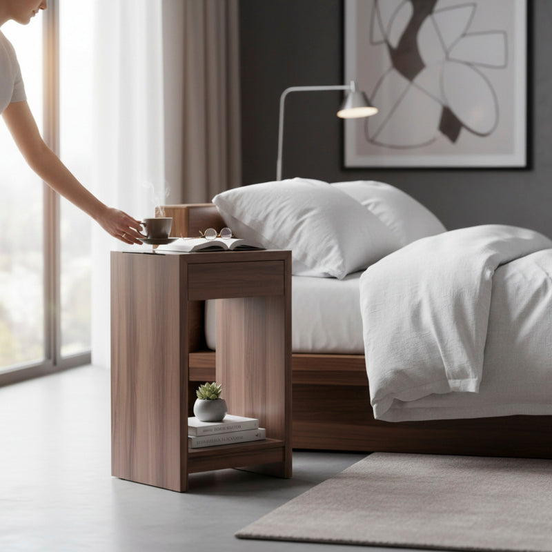 Beistelltisch Nussbaum mit Glasplatte, Schublade und Metallgriff – Ansicht 2