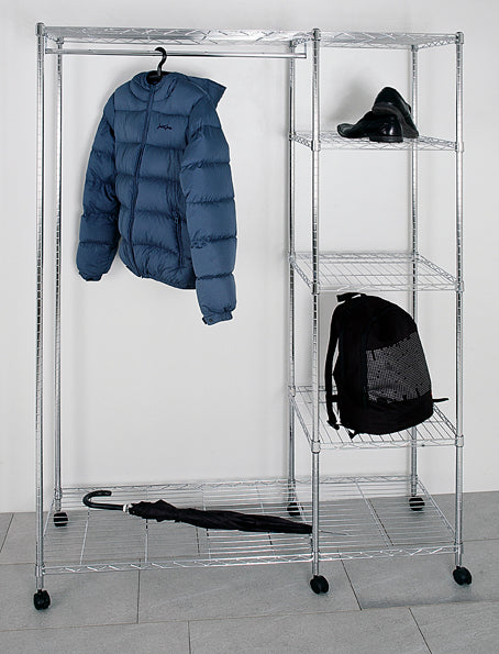 Haku Rollgarderobe mit Kleiderstange und Ablagen, höhenverstellbar, Chrom