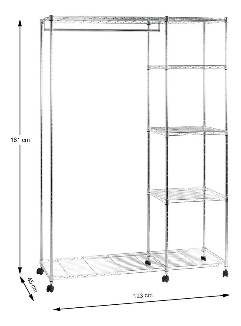 Haku Rollgarderobe mit Kleiderstange und Ablagen, höhenverstellbar, Chrom