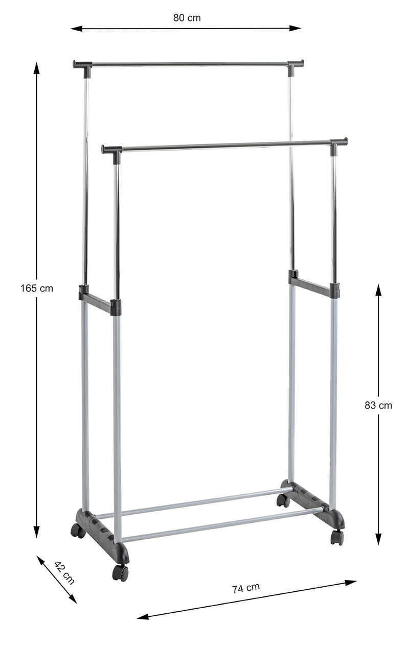 Haku Rollgarderobe höhenverstellbar mit 2 Kleiderstangen, Stahlrohr