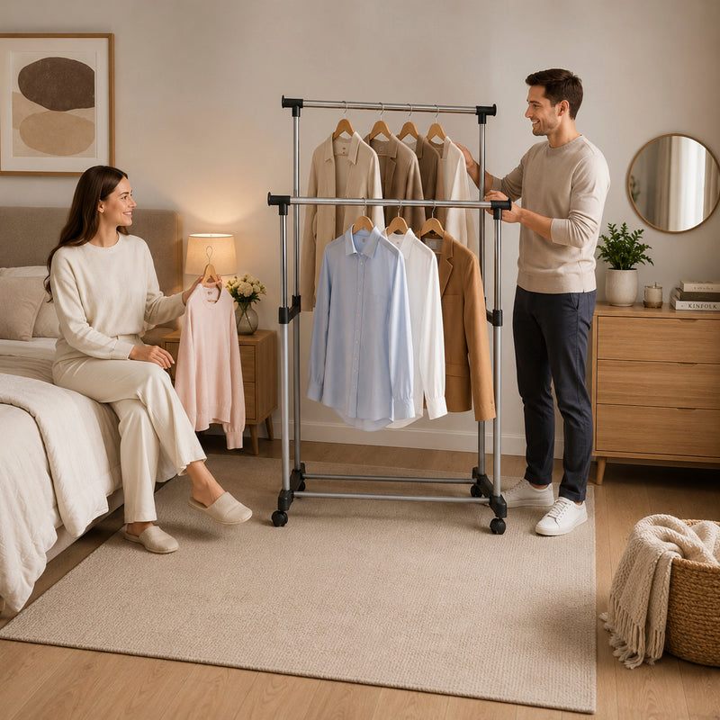 Haku Rollgarderobe höhenverstellbar, Chrom-Optik mit 2 Kleiderstangen
