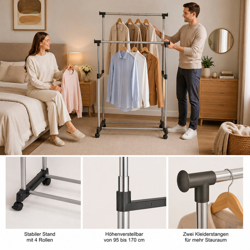 Haku Rollgarderobe höhenverstellbar, Chrom-Optik mit 2 Kleiderstangen