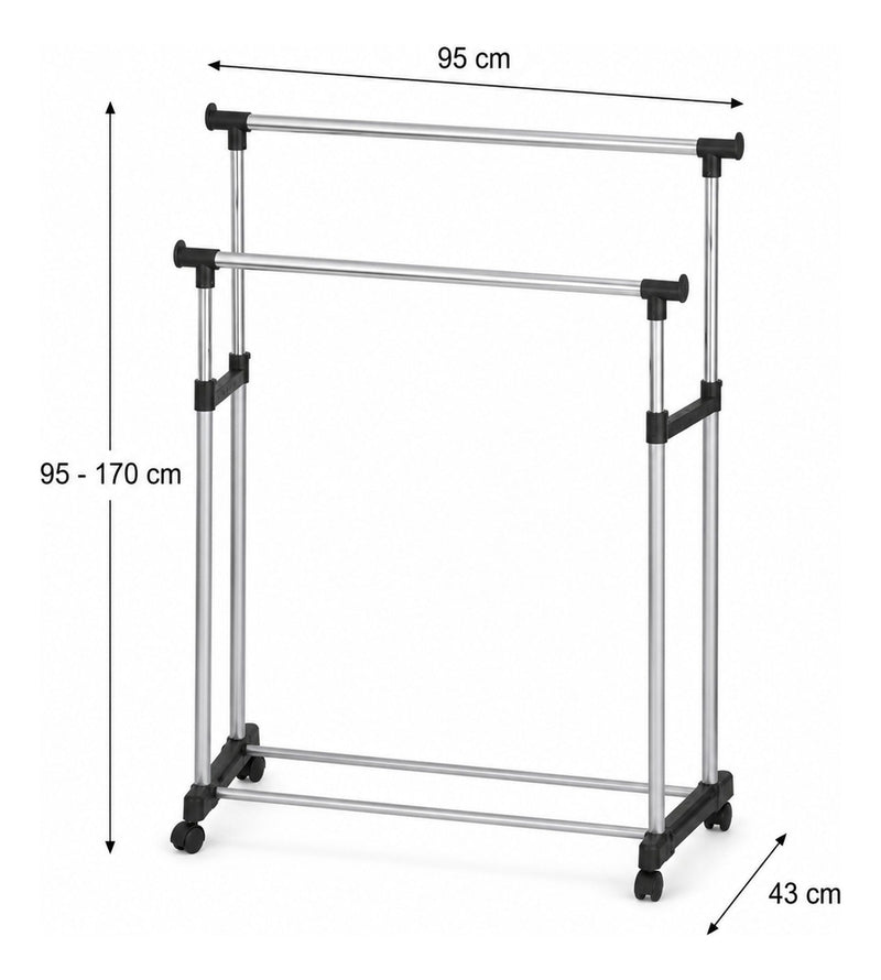 Haku Rollgarderobe höhenverstellbar, Chrom-Optik mit 2 Kleiderstangen