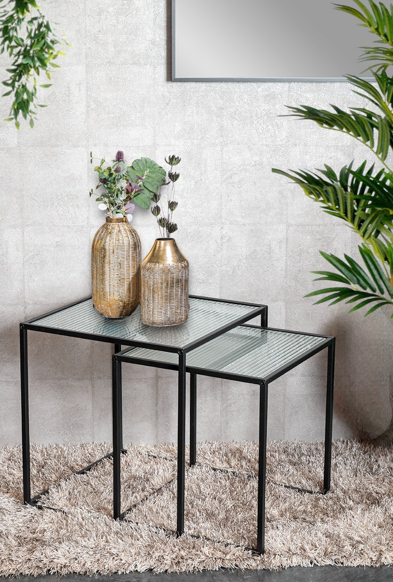 Haku Beistelltisch 2er Set, Stahlrohr schwarz mit Glasablage