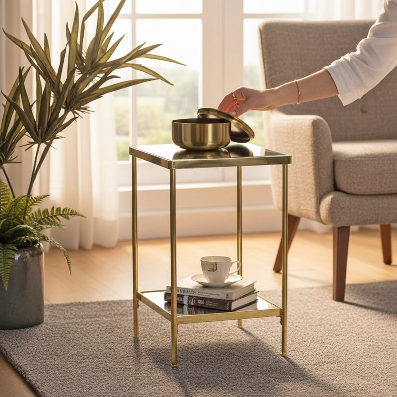 Beistelltisch vermessingt mit Spiegelglas-Ablagen, Art Deco – Ansicht 2