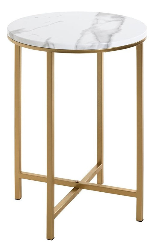 Beistelltisch rund, Gold mit Marmoroptik-Ablage, X-Gestell – Ansicht 1