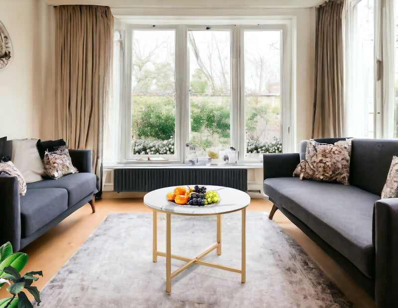 Beistelltisch rund, Marmoroptik & Goldgestell im Art-Deco-Stil – Ansicht 2