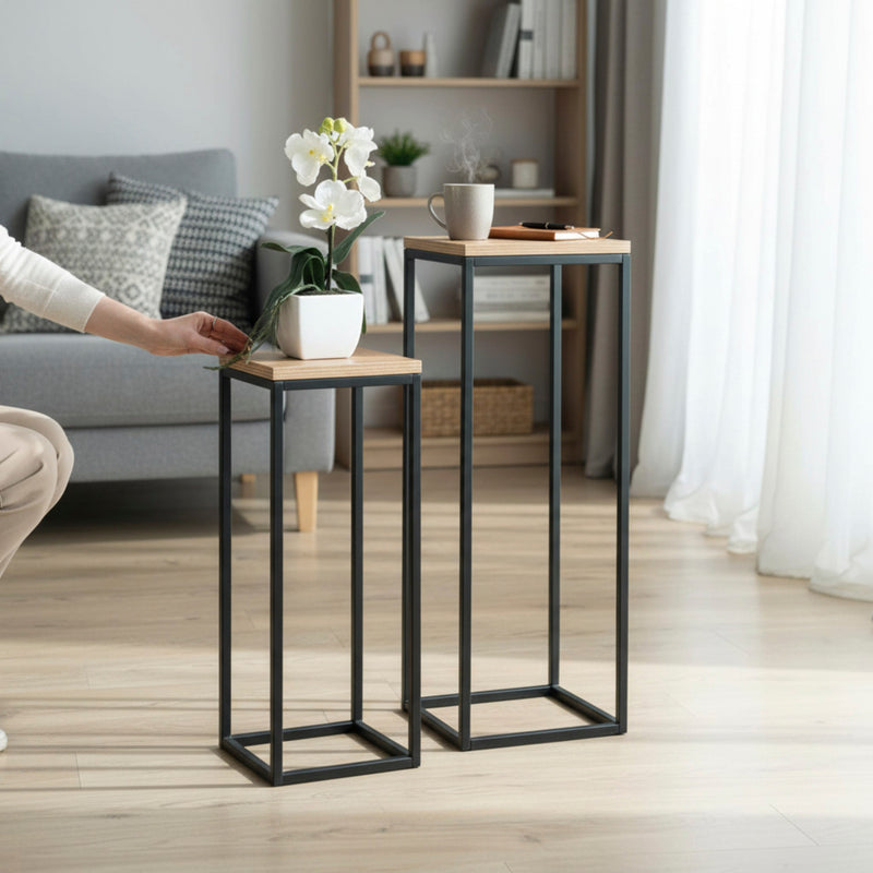 Haku Blumensäule aus Stahlrohr mit quadratischer Ablage in Eiche-Dekor