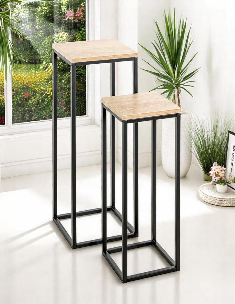 Blumensäule im 2er-Set, Eiche-Dekor mit schwarzem Stahlrohrgestell – Ansicht 2