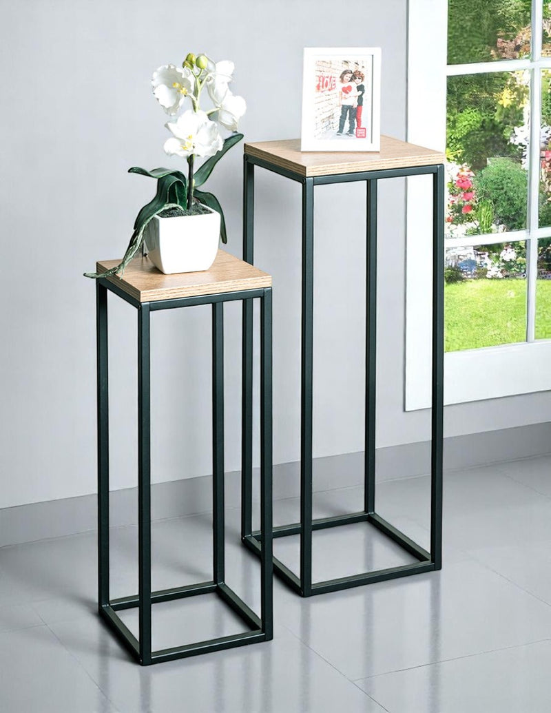 Blumensäule im 2er-Set, Eiche-Dekor mit schwarzem Stahlrohrgestell – Ansicht 5