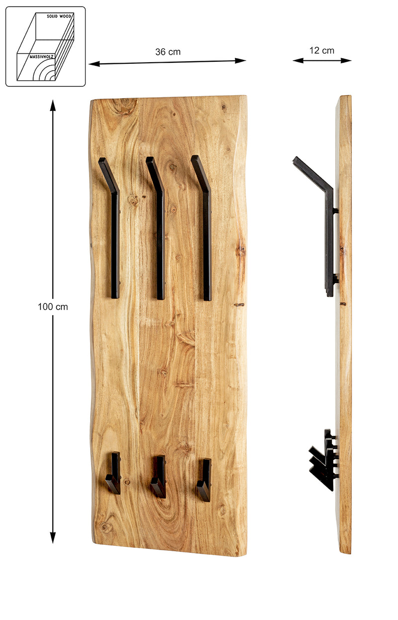 Wandgarderobe Akazie mit 8 Metallhaken, schwarz-braun – Ansicht 11