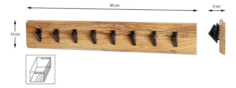 Haku Wandgarderobe aus Akazie-Massivholz mit 5 Metallhaken, schwarz