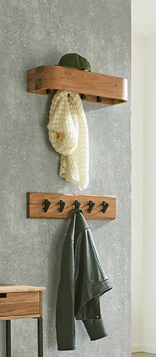Wandgarderobe aus Akazie massiv mit 5 Metallhaken, Baumkante – Ansicht 4