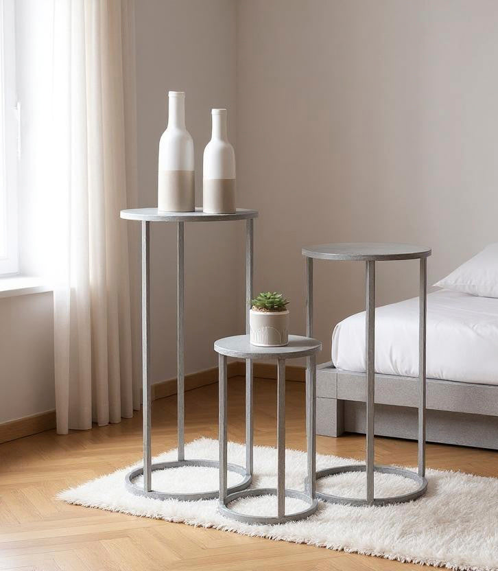 Blumensäule 3er-Set, rund aus Stahlrohr in Grau, Höhe 50–70 cm – Ansicht 2