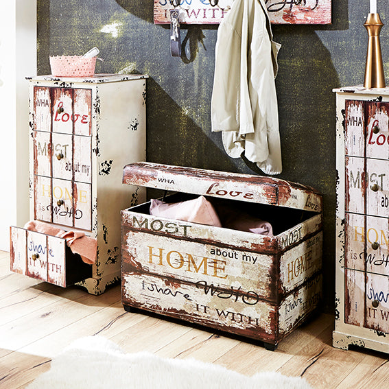 Sitztruhe mit Schriftzug-Motiv in Vintage-Kunstleder, Beige – Ansicht 2