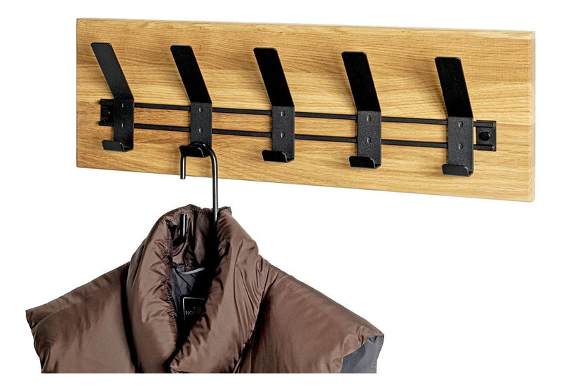 Haku Wandgarderobe aus Eiche massiv mit 5 Metallhaken schwarz