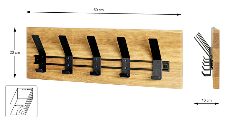 Haku Wandgarderobe aus Eiche massiv mit 5 Metallhaken schwarz