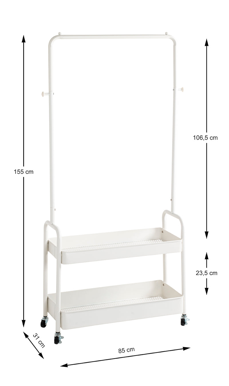 Haku Rollgarderobe aus Stahlrohr, weiß, mit Ablagen und Rollen