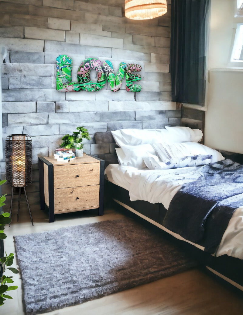 Haku Nachttisch Eiche hell mit schwarzem Stahlgestell, Softclose