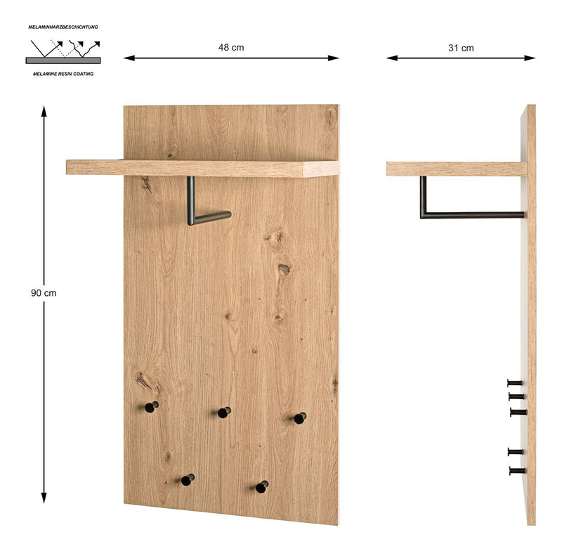 Haku Wandgarderobe mit Hutablage und 5 Haken, Dekor Eiche hell