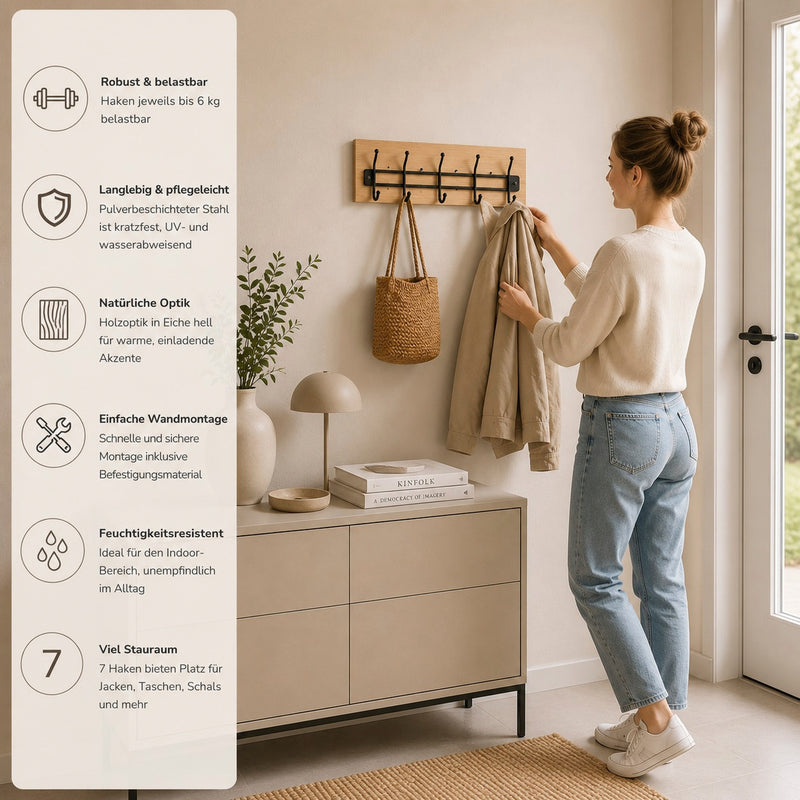 Wandgarderobe mit 7 Haken in Eiche hell mit schwarzen Akzenten – Ansicht 3