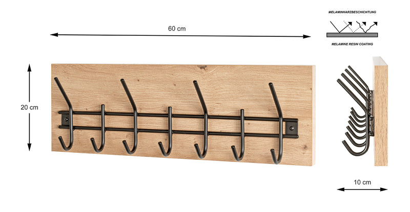 Wandgarderobe mit 7 Haken in Eiche hell mit schwarzen Akzenten – Ansicht 7