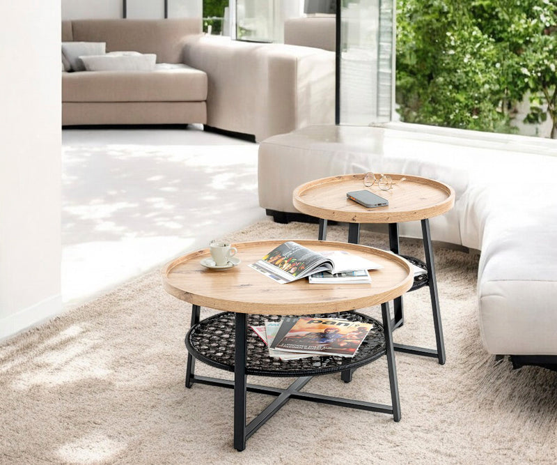 Haku Couchtisch rund, Eiche-Dekor mit Rattan-Optik-Ablage, Ø75 cm