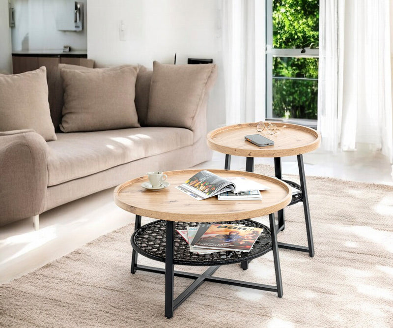 Haku Couchtisch rund, Eiche-Dekor mit Rattan-Optik-Ablage, Ø75 cm