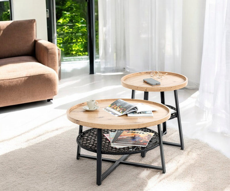 Haku Couchtisch rund, Eiche-Dekor mit Rattan-Optik-Ablage, Ø75 cm