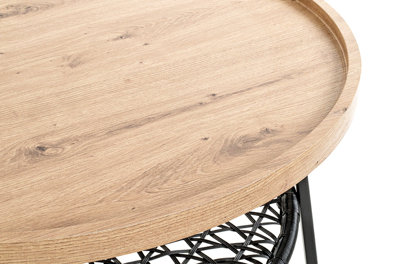 Haku Couchtisch rund, Eiche-Dekor mit Rattan-Optik-Ablage, Ø75 cm