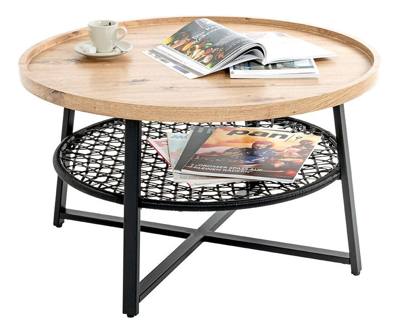 Haku Couchtisch rund, Eiche-Dekor mit Rattan-Optik-Ablage, Ø75 cm