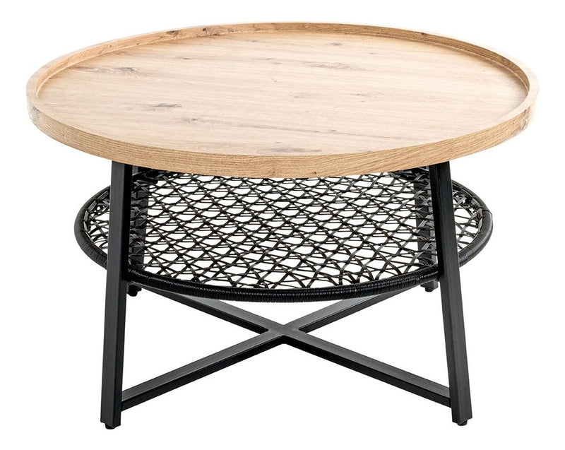 Haku Couchtisch rund, Eiche-Dekor mit Rattan-Optik-Ablage, Ø75 cm