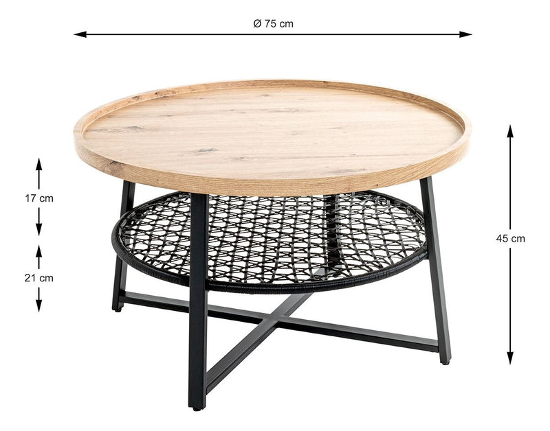 Haku Couchtisch rund, Eiche-Dekor mit Rattan-Optik-Ablage, Ø75 cm