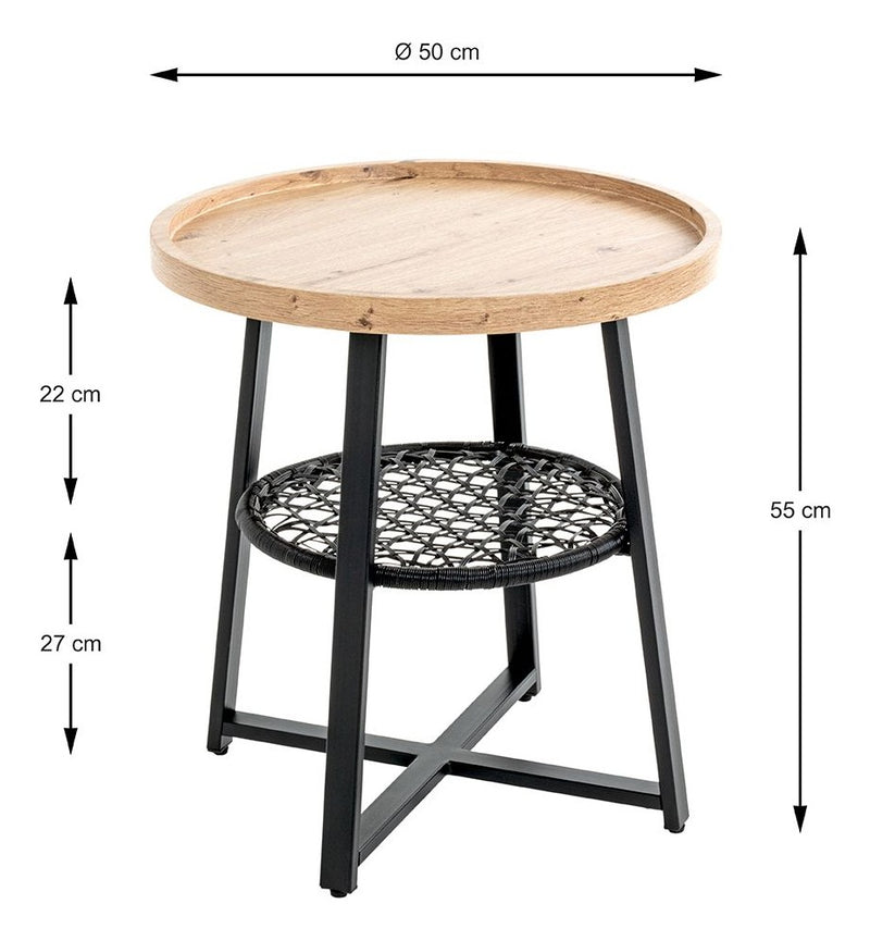 Haku Beistelltisch rund mit Ablage in Eiche-Dekor und Rattan-Optik