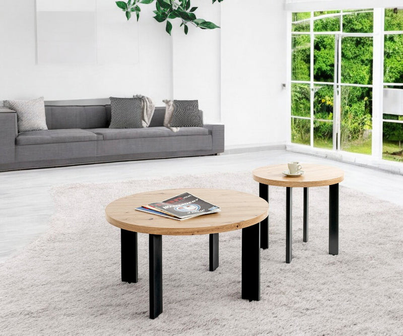 Haku Couchtisch rund, Eiche-Dekor mit schwarzem Stahlrohrgestell
