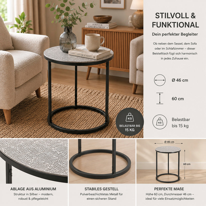 Haku Beistelltisch rund aus Metall, Silber-Schwarz, modernes Design