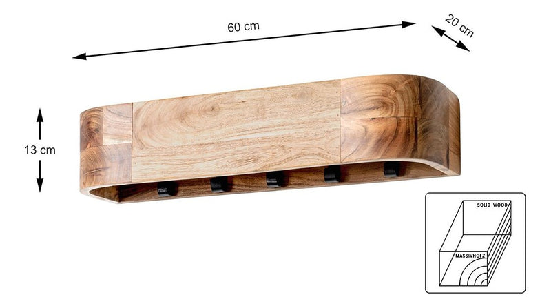 Haku Wandgarderobe aus Akazie massiv mit 5 Garderobenhaken schwarz