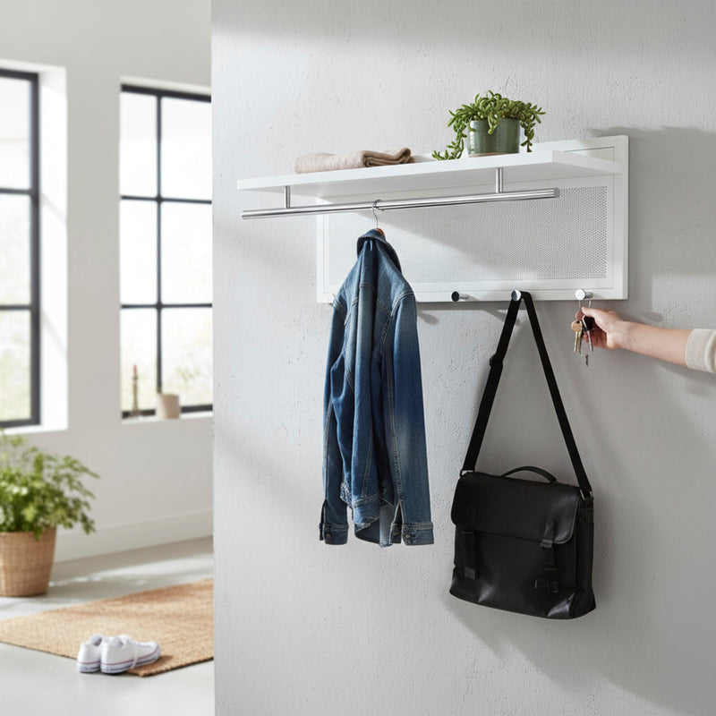 Wandgarderobe mit 5 Haken und Ablage, Stahlrohr weiß-chrom – Ansicht 2