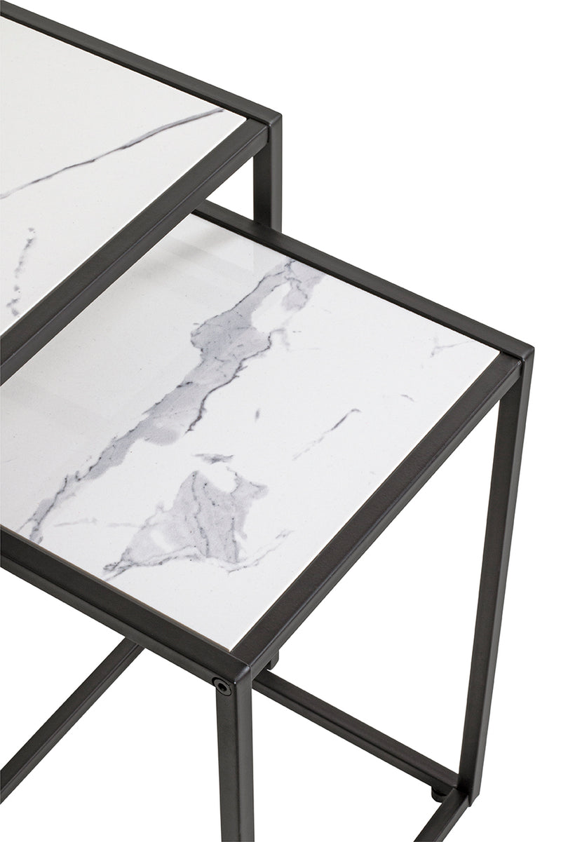 Haku Beistelltisch 2er Set, Kunstmarmor weiß mit Stahlgestell schwarz