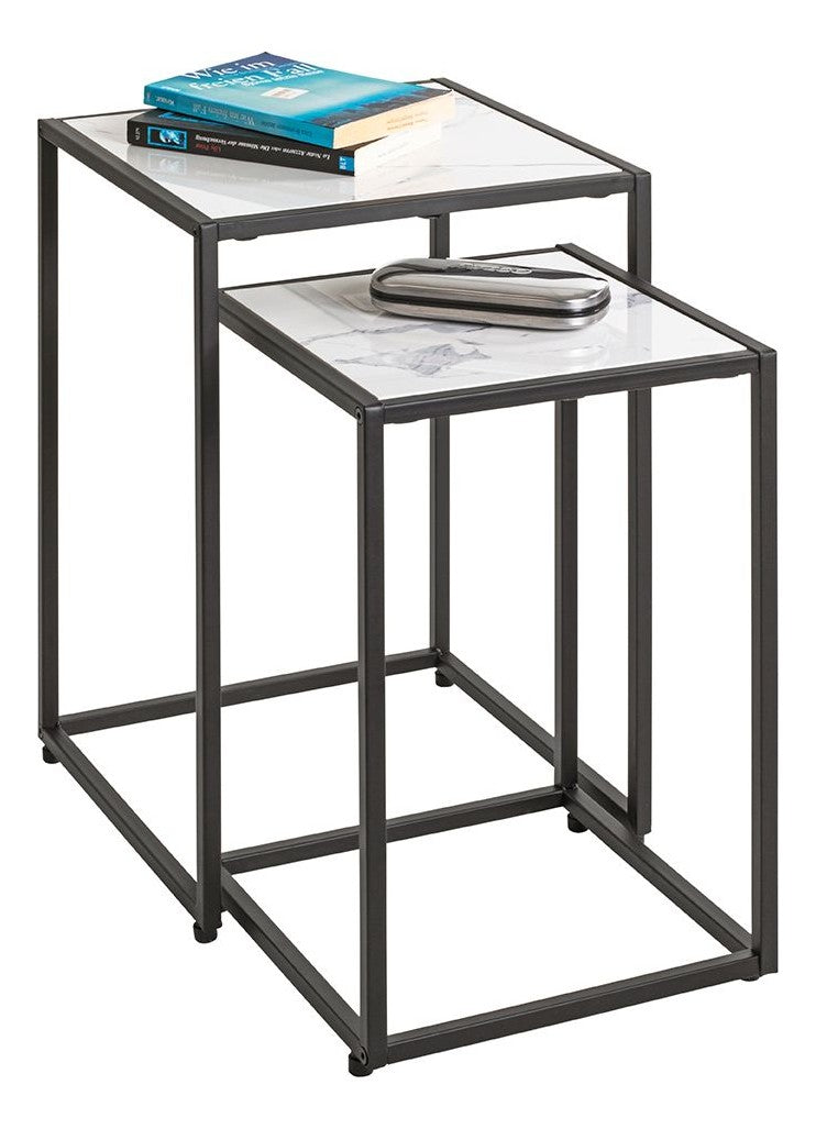 Haku Beistelltisch 2er Set, Kunstmarmor weiß mit Stahlgestell schwarz