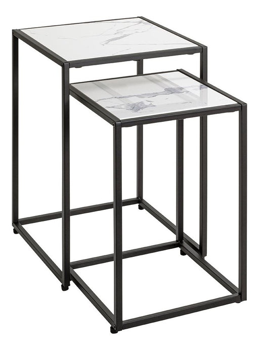Beistelltisch 2er Set, Kunstmarmor weiß mit Stahlgestell schwarz – Ansicht 1